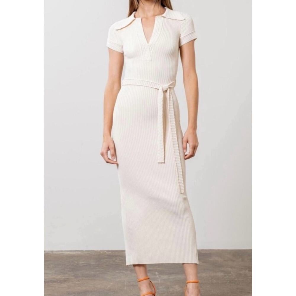 Joie Rib Knit Collar Neck Bodycon Midi Dress Side Slit Cream Size Large NWOT